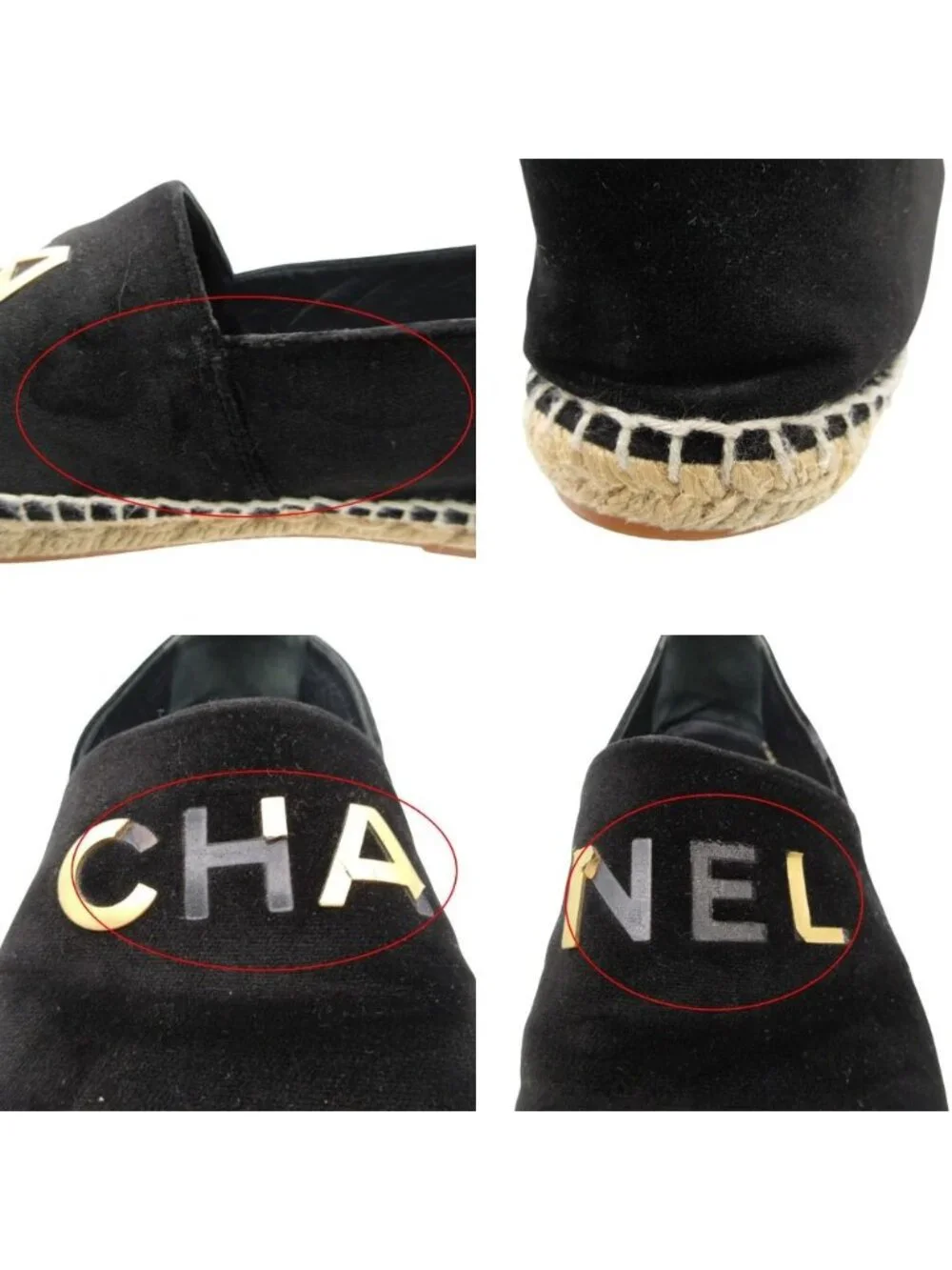 Chanel Slip-on Espadrilles Velour Logo Plate Flat Shoes Jute Black